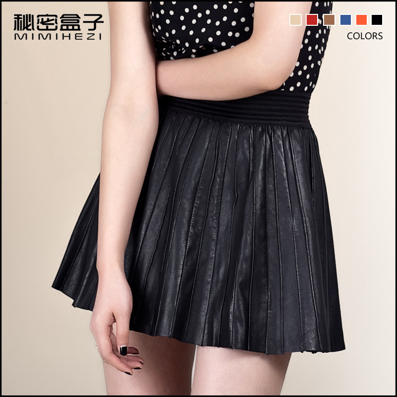 Cocoa sheepskin pleated female genuine leather bust skirt autumn and winter
