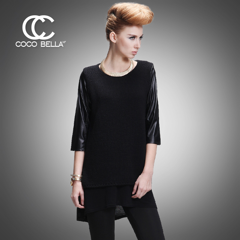 Cocobella2012 autumn and winter PU patchwork three quarter sleeve black pullover medium-long sweater st9