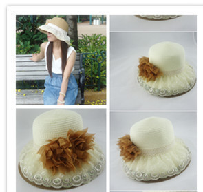 Coffee flower summer lace wide brim straw braid hat women's dome sun-shading hat