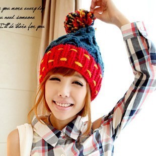 Color block all-match large sphere knitted hat autumn and winter ear female knitted beret