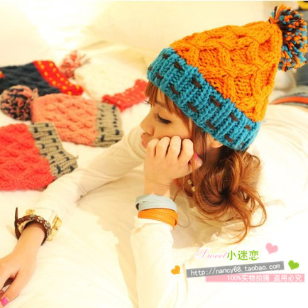 Color block all-match sphere knitted hat knitted hat multicolour ball hat autumn and winter female