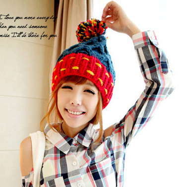 Color block all-match sphere knitted hat women's knitted hat knitted hat winter warm hat fashion cap
