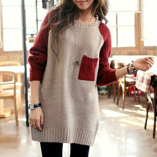 COLOR BLOCK CREW NECK LONG SWEATER JUMPER ( WITHOUT NECKLACE) KHAKI F 3445