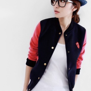 Color block decoration baseball uniform sports jacket short jacket women outerwear A1442