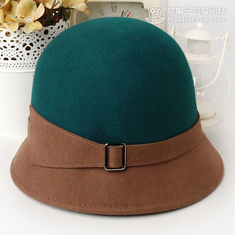 Color block decoration color block woolen bucket hat vintage autumn and winter female