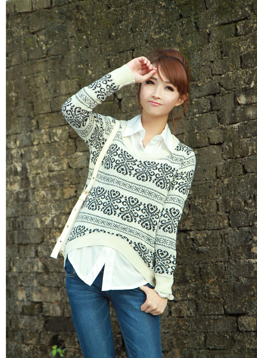 color block geometry printed low high vintage loose  pullover women's  knitted sweater free shipping