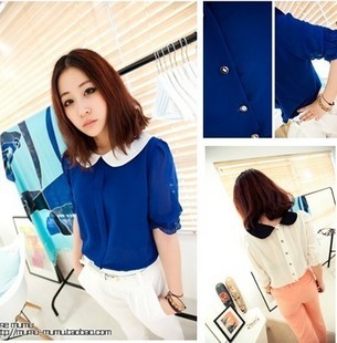 Color block peter pan collar button chiffon shirt 2