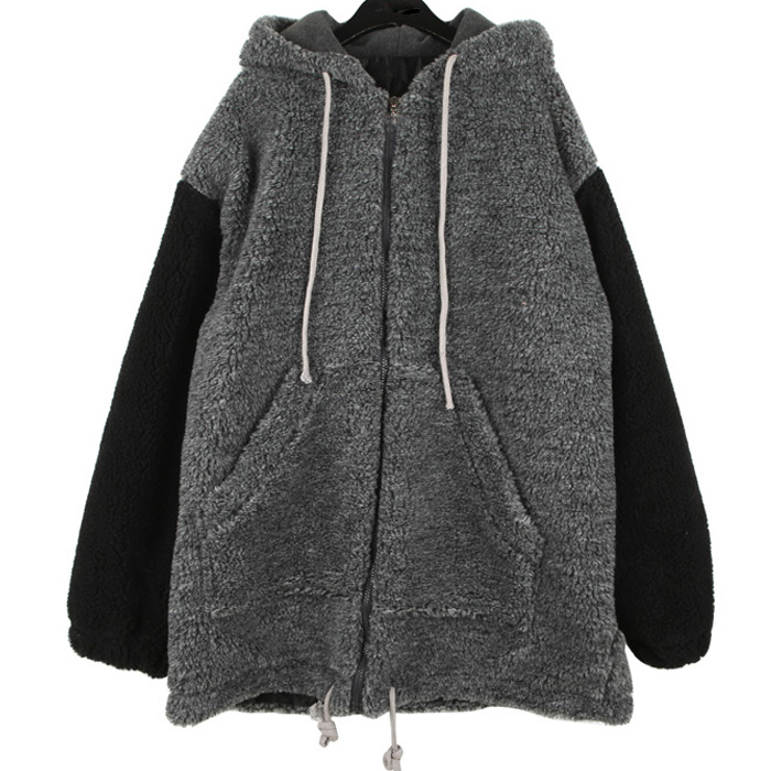 Color block thickening plus cotton berber fleece domesticated hen with a hood loose patchwork outerwear wadded jacket