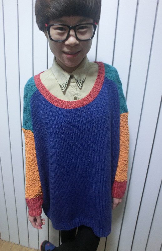 Color block topvogue loose berber fleece sleeves patchwork sweater