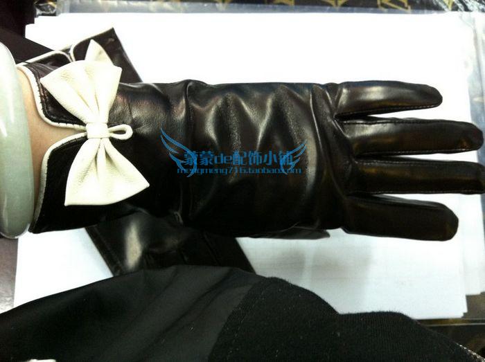 Color block women's genuine leather gloves repair fashion bow spring and autumn suede gloves