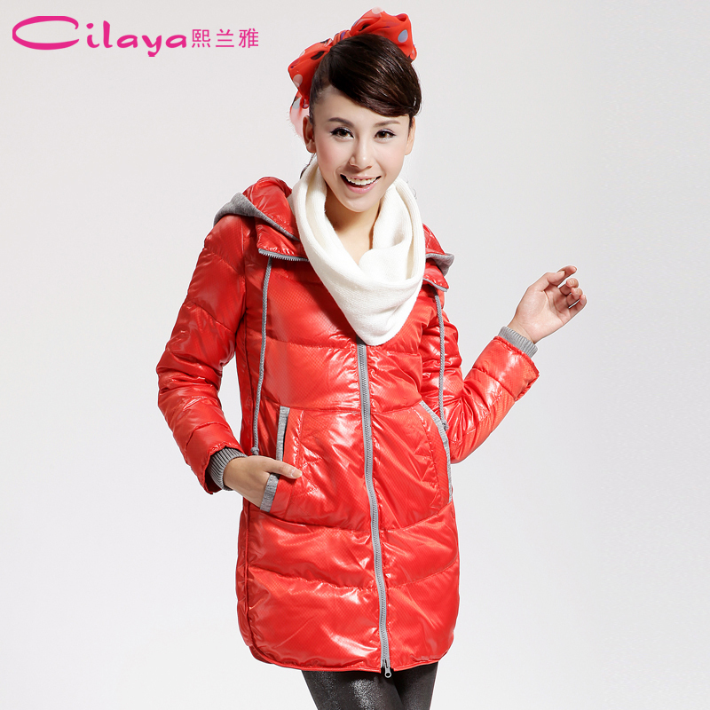 Color block zipper fine check thin slim long design down coat female 11743