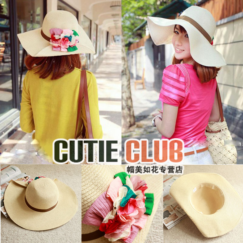 Colorful fashion flower roll up hem big along strawhat summer women's sunscreen sun-shading hat summer hat