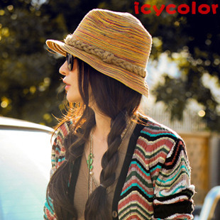 Colorful hat handmade twist braid sun-shading strawhat fedoras women's summer beach hat