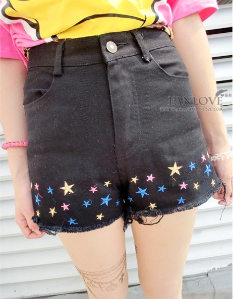 Colorful star embroider women high-waisted Jean shorts