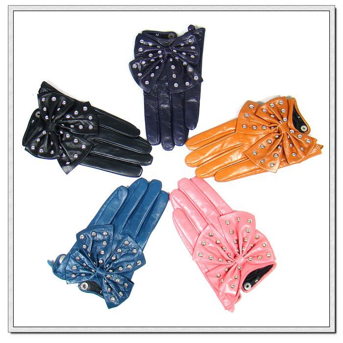 Colorful tlove women's gloves thermal autumn and winter genuine leather gloves women's genuine leather big bow rivet gloves