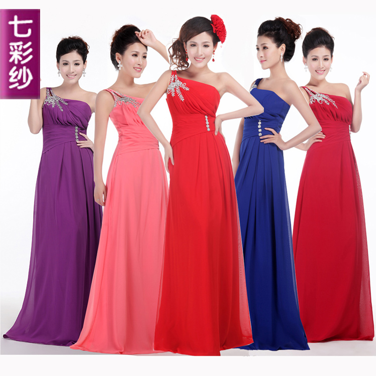Colorful yarn 2012 long design one shoulder wedding dress red formal dress toast l23