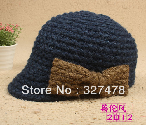 Comfortable high quality knitted hat of sidepiece bow knitted small cap flat hat autumn and winter female