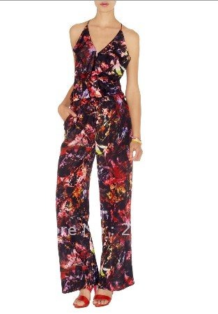 comfortable loose print pockets decoration woman jump suits