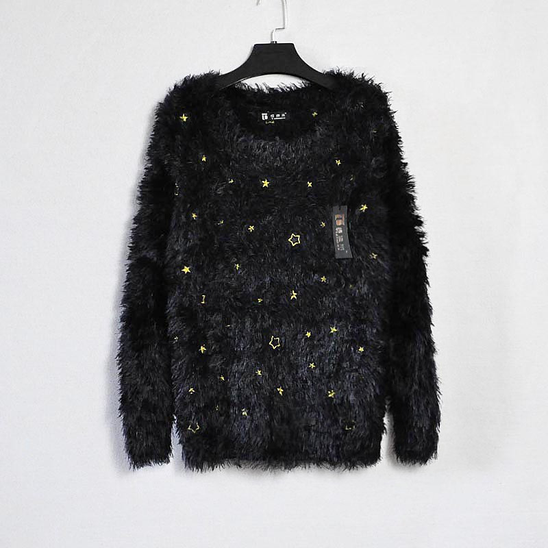 Comfortable pine five-pointed star pullover sweater outerwear black plus size loose sweater SH