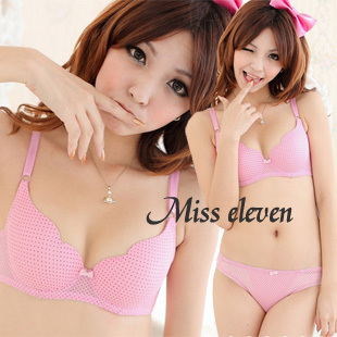 Comfortable seamless bc cup pink dot gauze underwear bra set powder