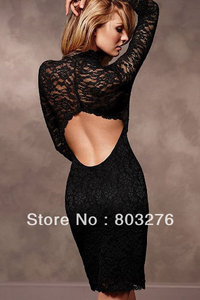 competitive price! Super Sexy Open Back Long Sleeve Black Lace Dresses  free shipping 2566