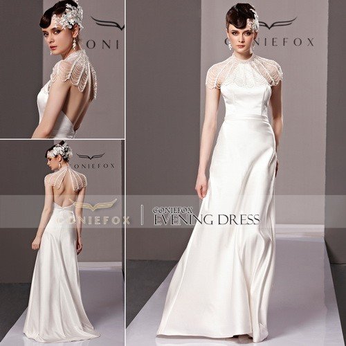 Coniefox High Neck White Silk Celebrity Dresses 81318