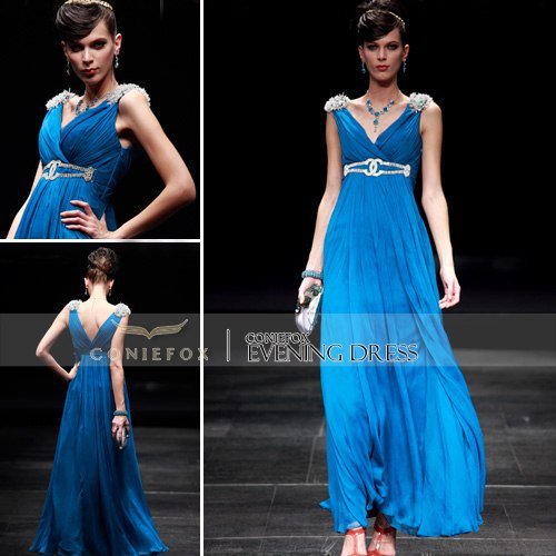 Coniefox V-Neck Blue Fancy Celebrity Gown 80585