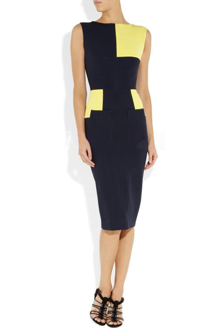 Contrast color block  design  dark blue yellow splicing fit knitted vest pencil dress/S-XL size Free shipping OL dress/DT306