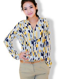 CONTRASTCOLOR long-sleeved Medium Long Design stand collar relaxed women's blouse blue/pink [WC986]