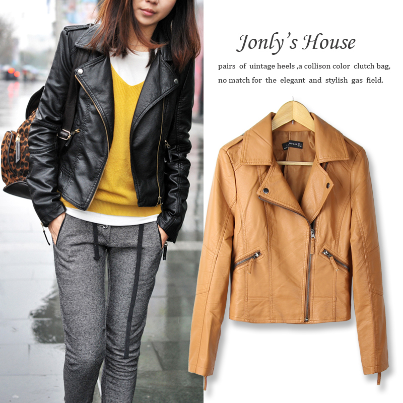 Cool 2012 women's quality fashion oblique zipper slim short design motorcycle leather clothing jacket outerwear