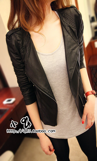 Cool fashion classic short motorcycle turn-down collar zipper shoulder pads faux leather clothing outerwear leather jacket slim