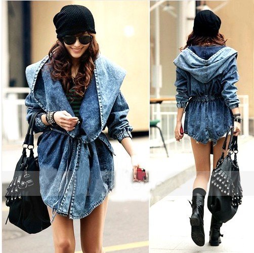 Cool Fashion Women Lady Denim Trench Coat Hoodie Hooded Outerwear Jean