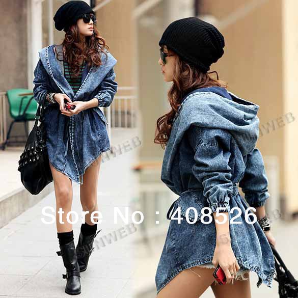 Cool Fashion Women Lady Wind Denim Trench Coat Hoodie Hooded Outerwear Jean Blue free shipping 8629