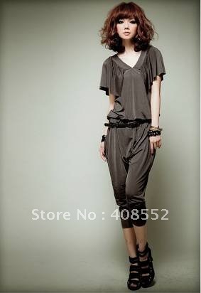 Cool V-neck butterfly sleeves plain elastic cloth piece pants