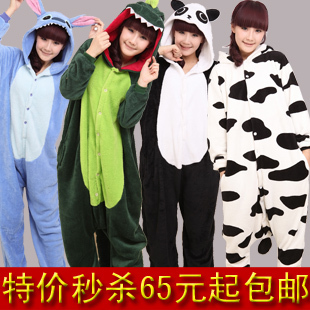 Coral fleece one piece sleepwear female male lovers lounge cartoon animal stitch