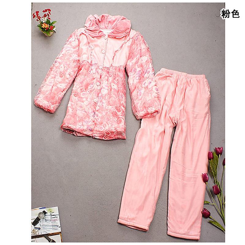 Coral fleece sleepwear women's thickening cotton-padded jacket plus size lounge twinset