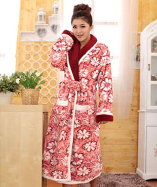 Coral fleece women's long-sleeve sleep set print robe lounge Women bathrobes sexy