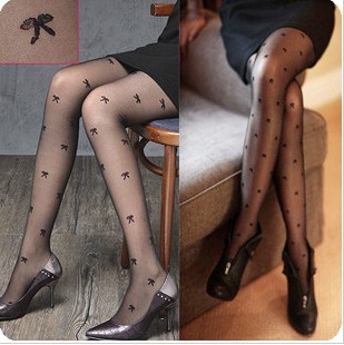 Core-spun Yarn jacquard pantyhose bow pattern stockings black sexy stockings socks legging female