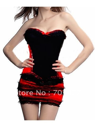 Corset Lace up Overbust Corset with Mini Dress Black and Red Strapless Corset Bustier High Quality Wholesale and Retailer