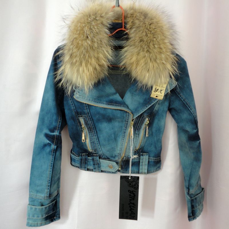 Cottage motorcycle women's fur collar fur short jacket plus cotton denim outerwear suit