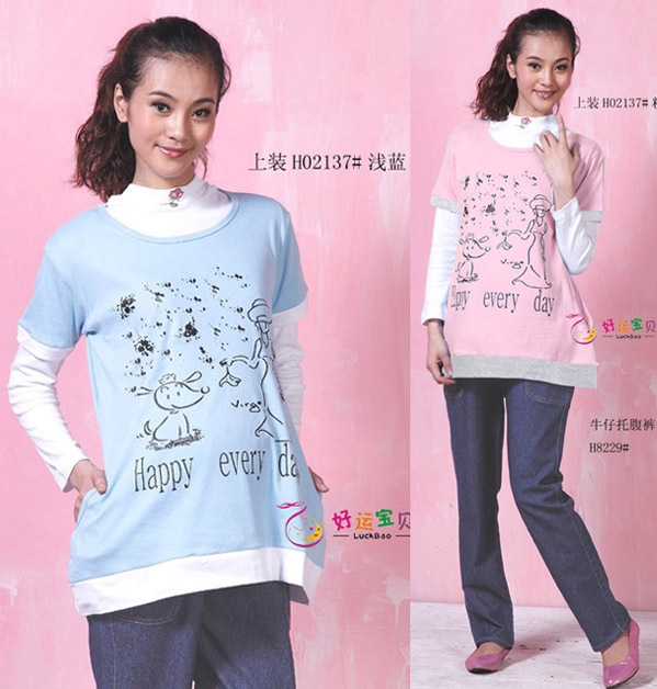 Cotton 100% 2013 maternity clothing cartoon t-shirt four seasons general Size fits all o-neck top casual long-sleeve basic shirt