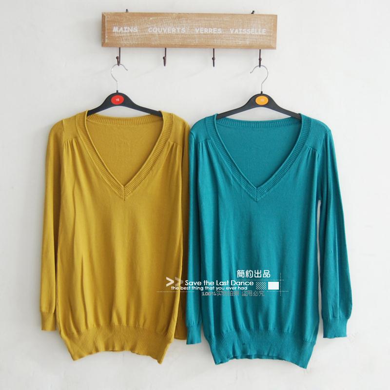 Cotton 100% V-neck roll-up hem casual sweater autumn women's plus size available