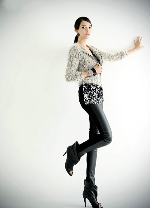 Cotton leather front and back patchwork legging single tier ankle length trousers