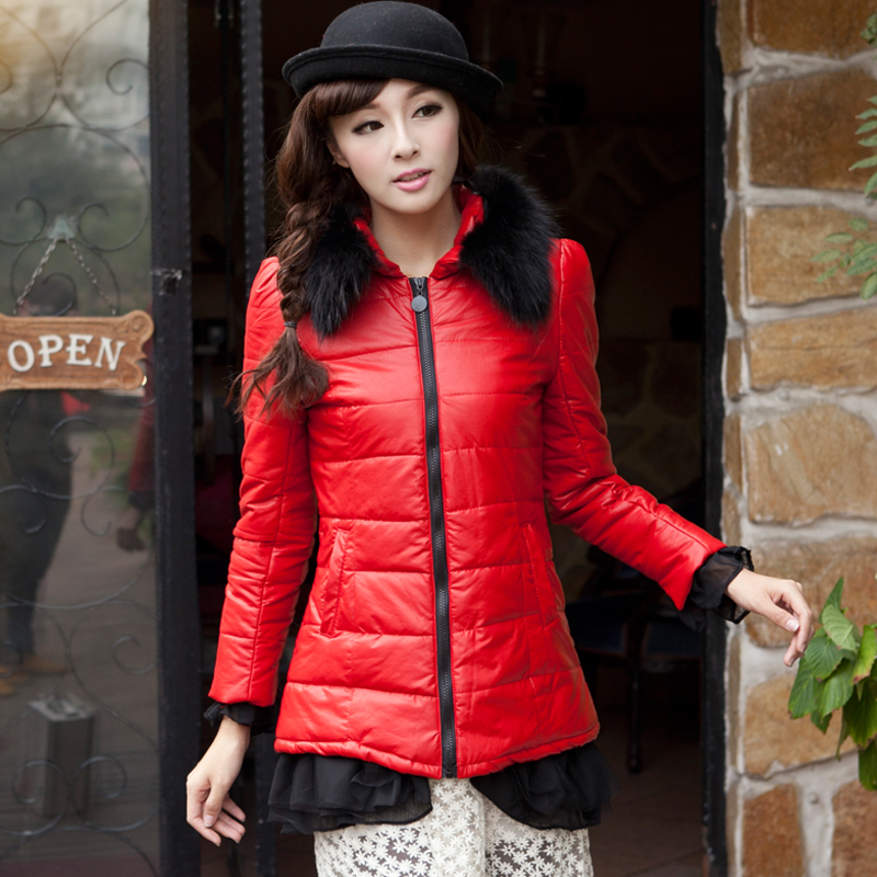 Cotton-padded clothes.PU leather quilted jacket.Raccoon hair.Upset.Casual.Women's.Free shipping.1 Piece.New