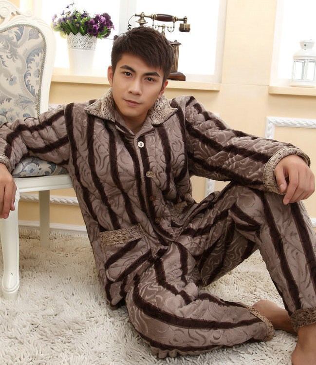 Cotton sleepwear male thickening lounge winter Men thickening coral fleece cotton-padded sleep set
