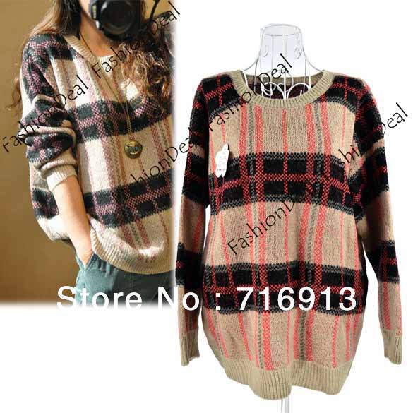 Cotton Women's Loose Retro Plaid Thick Knitted Sweater Long Sleeve Cardigan Coat Orange, Pink free shipping 9173