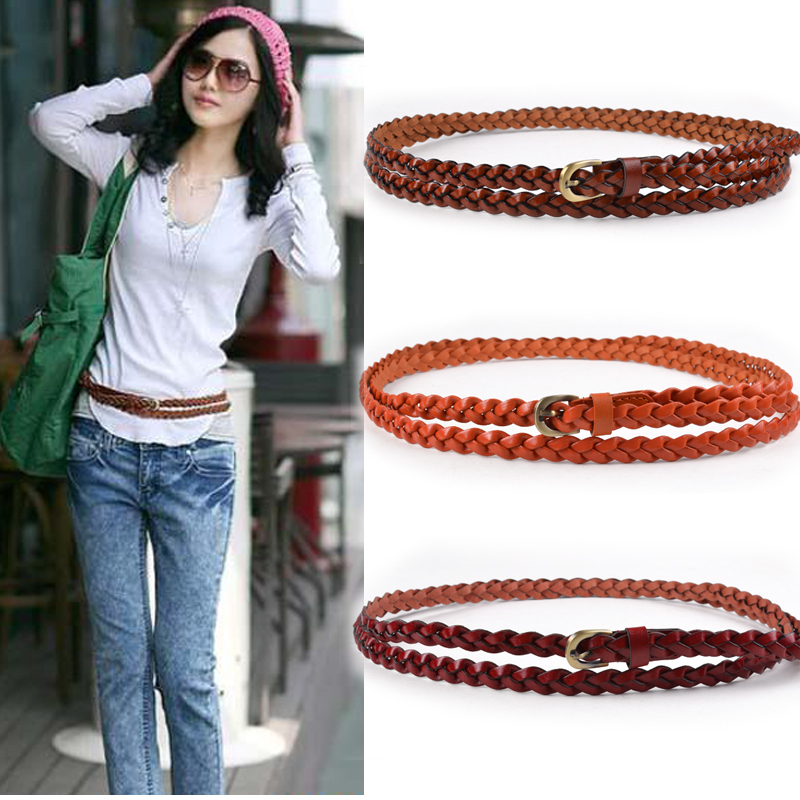 Cowhide handmade knitted belt female all-match ring strap genuine leather tieclasps thin belt zxz0041