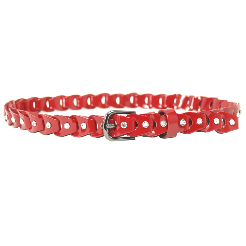 Cowhide japanned leather knitted thin belt trend fashion decoration rhinestone strap red