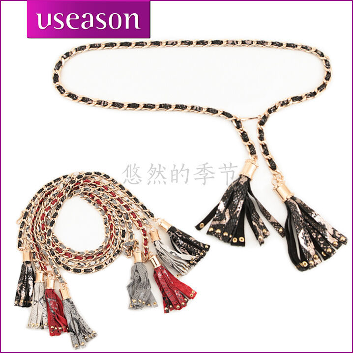 Cowhide strap genuine leather women's thin belt fashion belly chain scrub serpentine  tassel pendant decoration belt(BL003)
