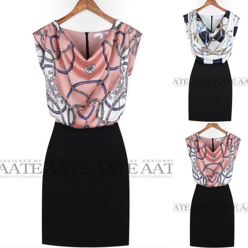 COWL-NECK CHAIN PRINT 2 IN 1 DRESS WITH ZIPPER BACK 3399